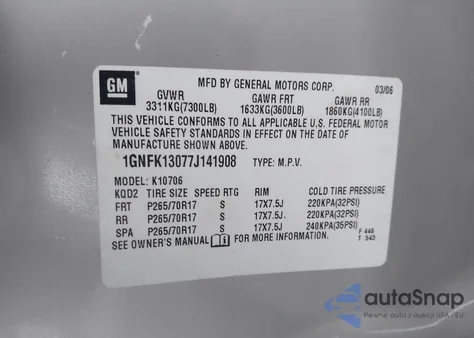 2007 Chevrolet Tahoe Lt z USA, uszkodzony, nr VIN 1GNFK13077J141908